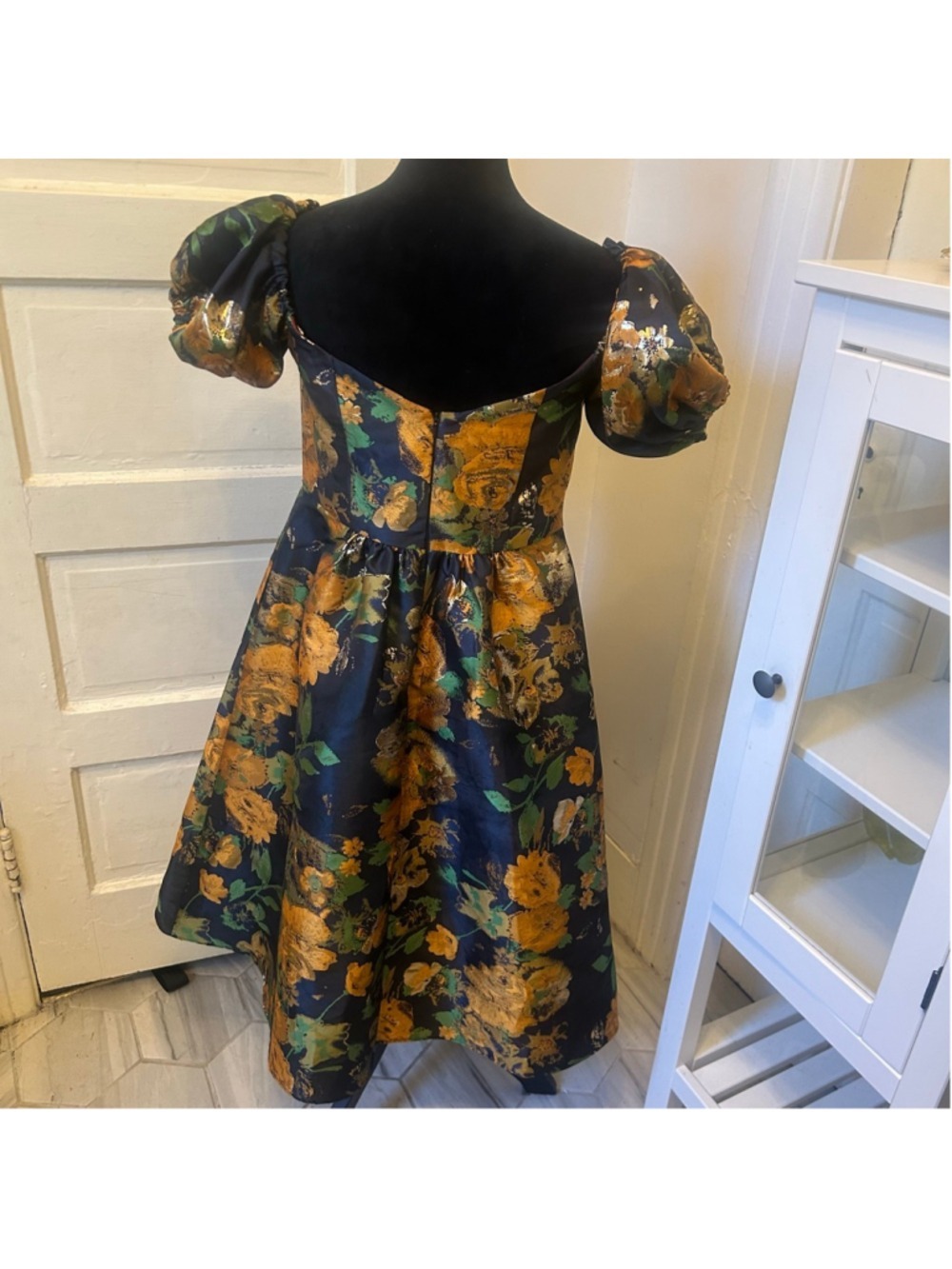 Women's DB Studio Navy Gold Floral High Low Dress Size 12 Regency Romantic - Picture 5 of 9